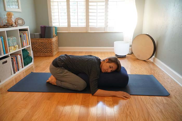 Side Lying Pose Bolster Shoulder Block Head One Arm Overhead Yoga